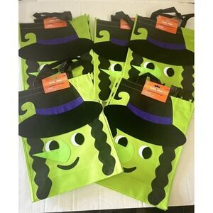 Trick or Treat Candy Bags Totes‎ Halloween Fabric Witch Large Lot of 5 Green New